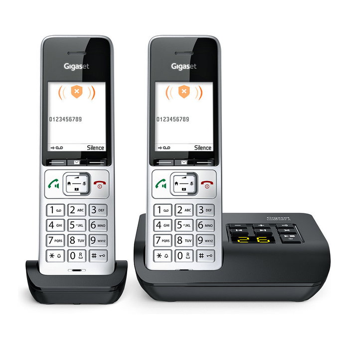 Gigaset COMFORT 500A duo Teléfono DECT/analógico con contestador automático, manos libres e identificador de llamadas, Negro/Plata