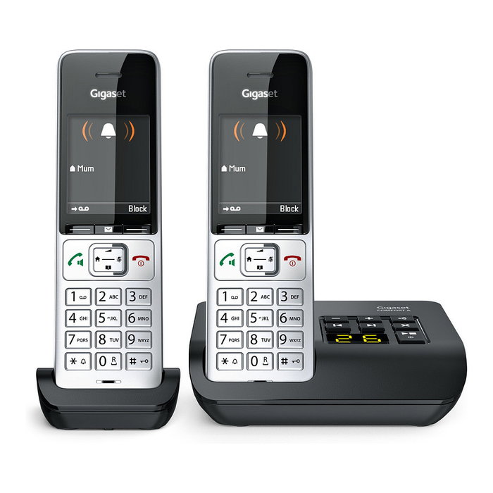 Gigaset COMFORT 500A duo Teléfono DECT/analógico con contestador automático, manos libres e identificador de llamadas, Negro/Plata