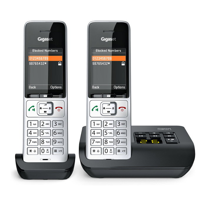 Gigaset COMFORT 500A duo Teléfono DECT/analógico con contestador automático, manos libres e identificador de llamadas, Negro/Plata