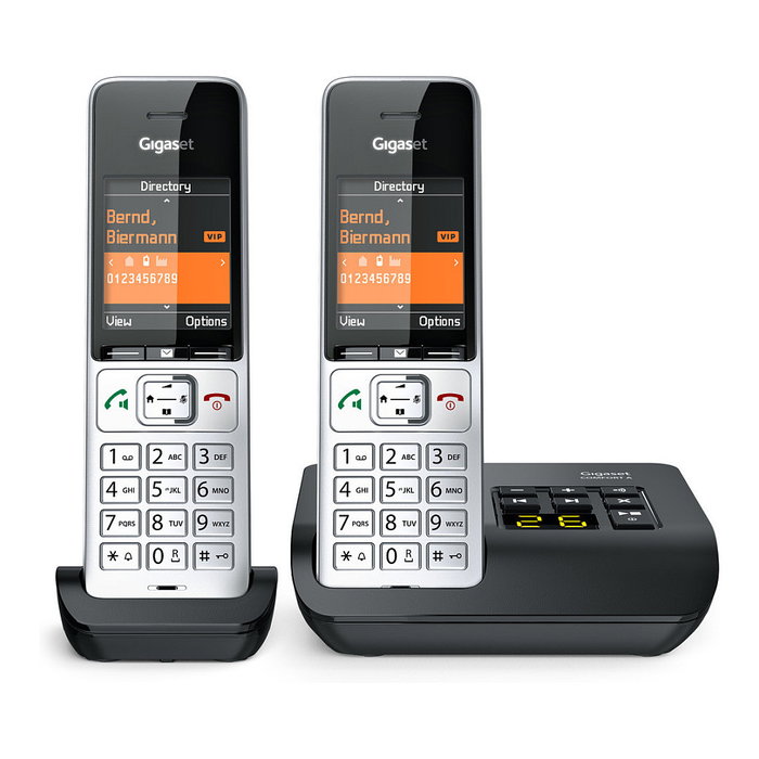 Gigaset COMFORT 500A duo Teléfono DECT/analógico con contestador automático, manos libres e identificador de llamadas, Negro/Plata