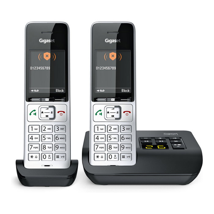 Gigaset COMFORT 500A duo Teléfono DECT/analógico con contestador automático, manos libres e identificador de llamadas, Negro/Plata
