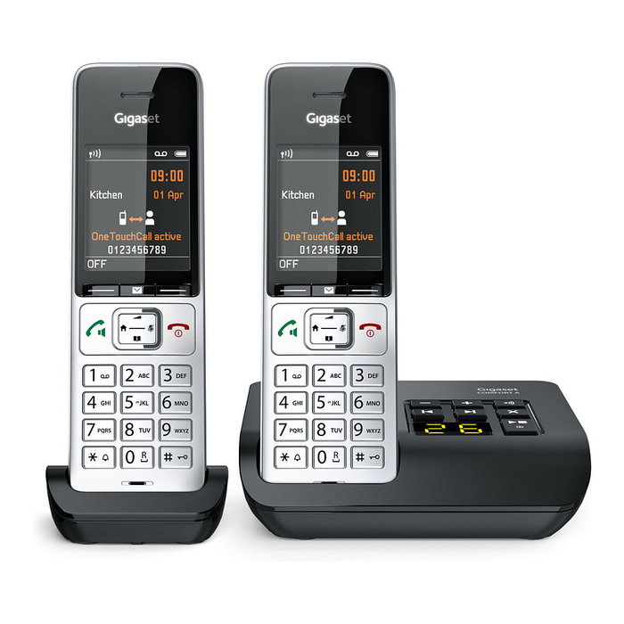 Gigaset COMFORT 500A duo Teléfono DECT/analógico con contestador automático, manos libres e identificador de llamadas, Negro/Plata
