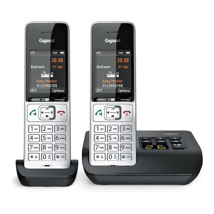 Gigaset COMFORT 500A duo Teléfono DECT/analógico con contestador automático, manos libres e identificador de llamadas, Negro/Plata