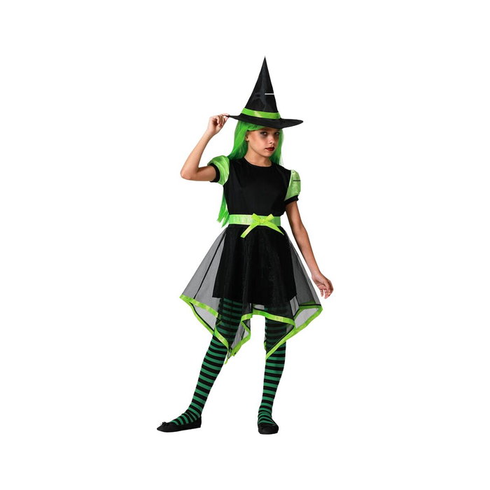 Disfraz de Bruja Verde para Niña con Vestido, Sombrero y Falda Asimétrica 5-6 Años