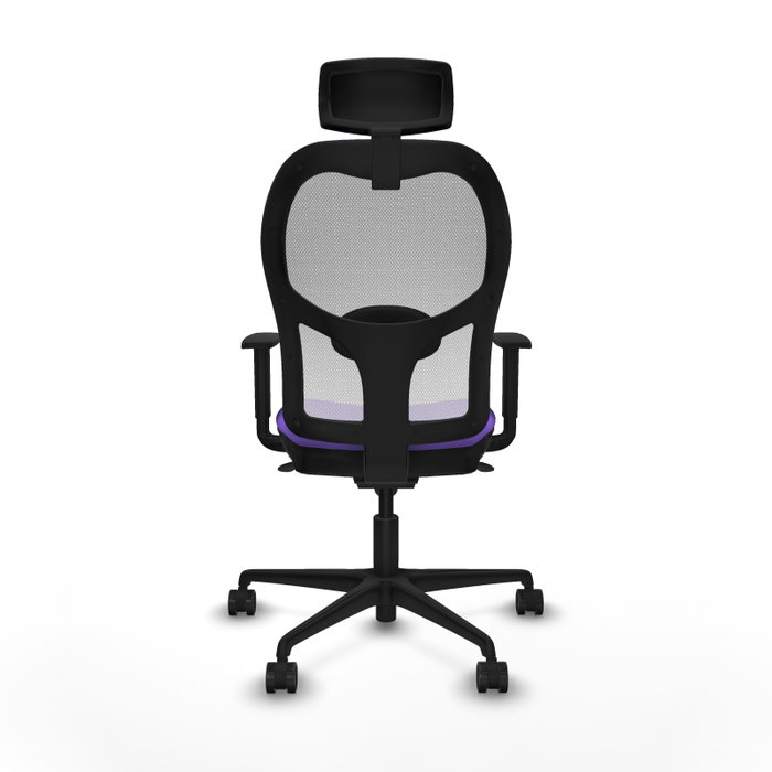 Silla de oficina Jorquera con mecanismo Sincro tapizada con Tela color Lila y malla color Blanco. Equipada con lumbar 1D, Brazos 1D, Cabecero 2D y Ruedas 65mm nailon
