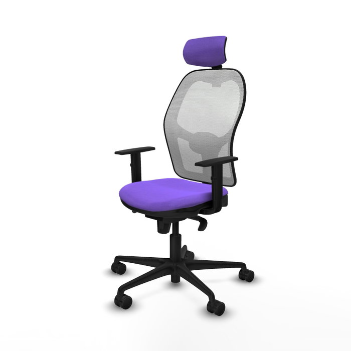 Silla de oficina Jorquera con mecanismo Sincro tapizada con Tela color Lila y malla color Blanco. Equipada con lumbar 1D, Brazos 1D, Cabecero 2D y Ruedas 65mm nailon