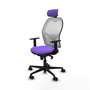Silla de oficina Jorquera con mecanismo Sincro tapizada con Tela color Lila y malla color Blanco. Equipada con lumbar 1D, Brazos 1D, Cabecero 2D y Ruedas 65mm nailon