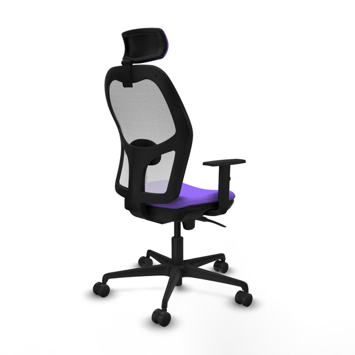 Silla de oficina Jorquera con mecanismo Sincro tapizada con Tela color Lila y malla color Blanco. Equipada con lumbar 1D, Brazos 1D, Cabecero 2D y Ruedas 65mm nailon