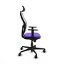 Silla de oficina Jorquera con mecanismo Sincro tapizada con Tela color Lila y malla color Blanco. Equipada con lumbar 1D, Brazos 1D, Cabecero 2D y Ruedas 65mm nailon