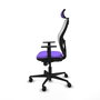 Silla de oficina Jorquera con mecanismo Sincro tapizada con Tela color Lila y malla color Blanco. Equipada con lumbar 1D, Brazos 1D, Cabecero 2D y Ruedas 65mm nailon