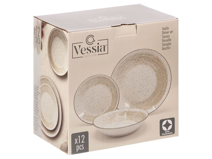 Vessia Vajilla 12 Piezas Patinada en Color Marrón y Blanco, Cerámica (Porcelana) - 27x15x27 cm (Set de 2)
