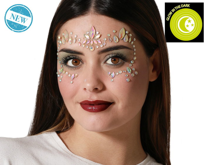 Joyas faciales adhesivas iridiscentes glow in the dark con diseño curvo Joyas faciales adhesivas iridiscentes glow in the dark con diseño curvo