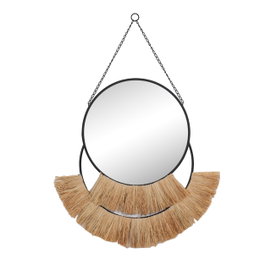 DKD Home Decor Espejo de Metal y Fibra con Flecos Natural/Negro 55x2,5x83 cm
