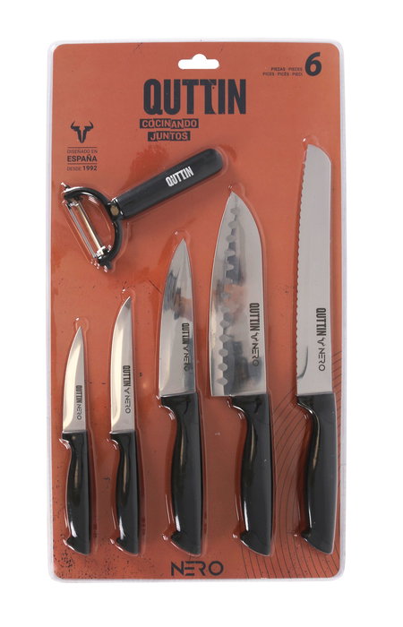 Quttin Set 6 Piezas Cuchillo Y Pelador "Nero" Cocina Acero Inoxidable Utensilios (4 Cajas)