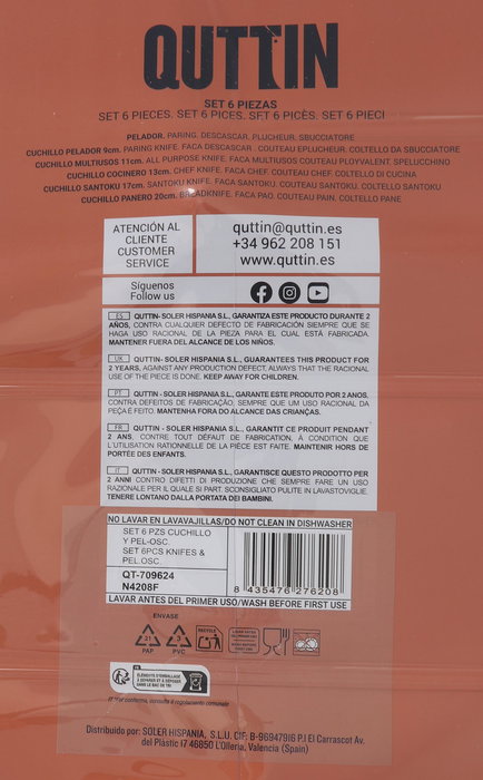 Quttin Set 6 Piezas Cuchillo Y Pelador "Nero" Cocina Acero Inoxidable Utensilios (4 Cajas)