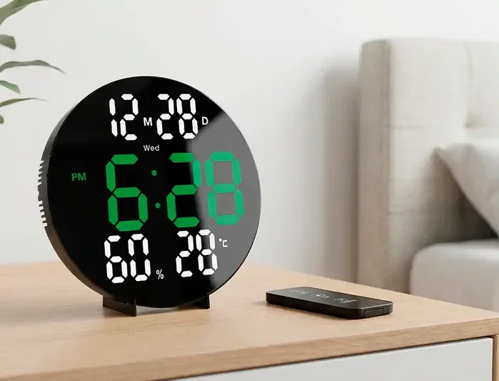 Q-connect Reloj Digital de Pared con Alarma, Sensor de Temperatura y Humedad, Brillo Ajustable, 27 cm