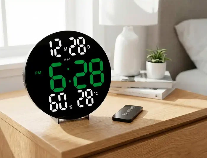 Q-connect Reloj Digital de Pared con Alarma, Sensor de Temperatura y Humedad, Brillo Ajustable, 27 cm
