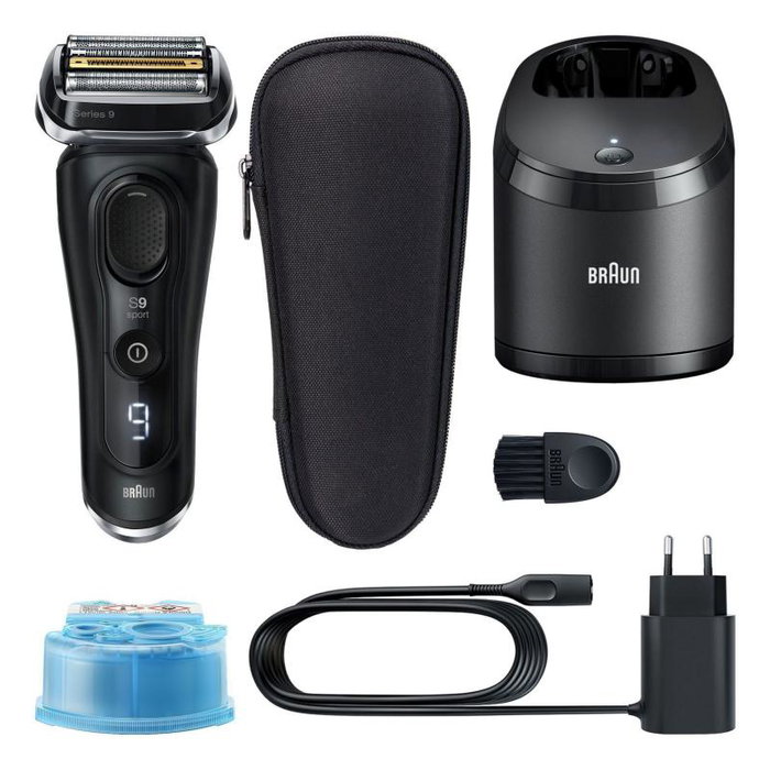 Braun Series 9 Sport 9352cc Afeitadora Eléctrica Recargable con Base de Carga y Limpieza, 4 Cabezales, para Uso en Seco y Mojado, Negro y Gris