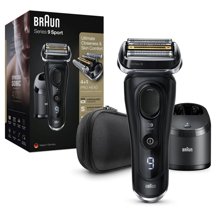 Braun Series 9 9352cc Sport Máquina de Afeitar Eléctrica con Estación de Limpieza y Carga - 4 Cabezales, Negro/Gris, Incluye Maletín de Viaje