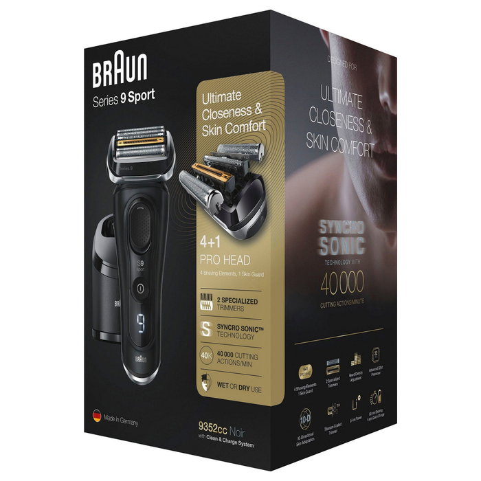 Braun Series 9 9352cc Sport Máquina de Afeitar Eléctrica con Estación de Limpieza y Carga - 4 Cabezales, Negro/Gris, Incluye Maletín de Viaje