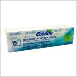 ECODOO Pañuelo de Bolsillo Triple Capa, Fibras 100% Recicladas, Suave y Resistente, Blíster Biodegradable, 15 Unidades
