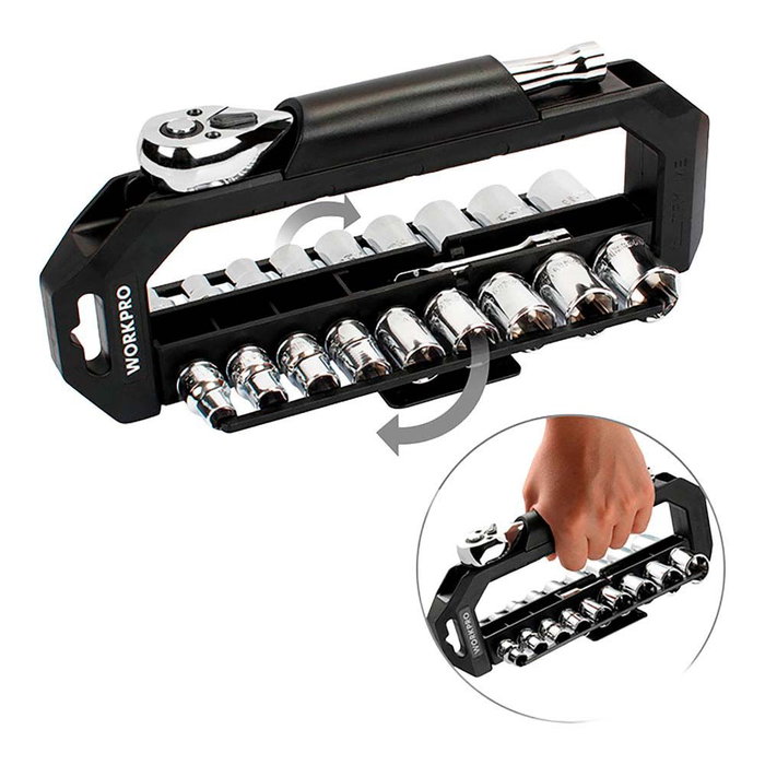 Workpro Juego de carraca y vasos de 3/8 pulg., soporte giratorio, 20 piezas, métrico-sae Workpro Juego de carraca y vasos de 3/8 pulg., soporte giratorio, 20 piezas, métrico-sae