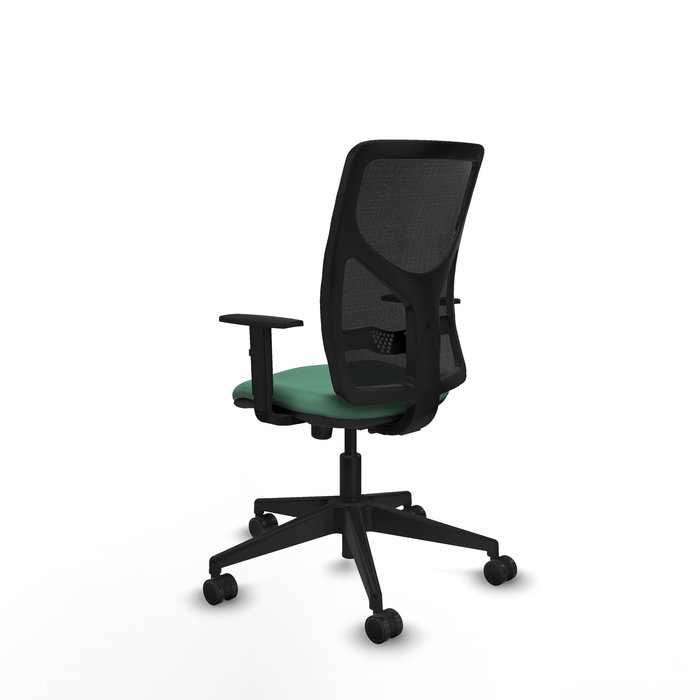 Silla de oficina Motilla con mecanismo Sincro tapizada con Tela color Verde esmeralda y malla color negra. Equipada con lumbar 1D, Brazos 1D y Ruedas 65mm nailon