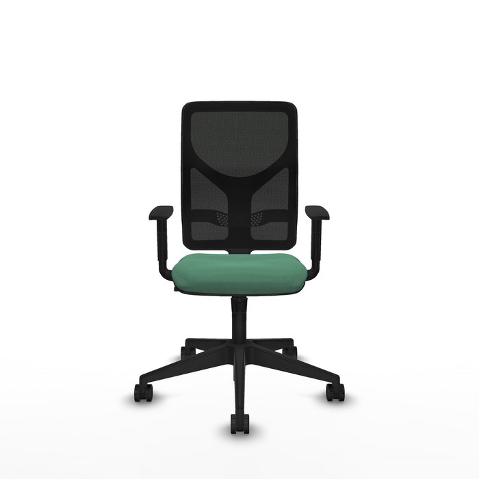 Silla de oficina Motilla con mecanismo Sincro tapizada con Tela color Verde esmeralda y malla color negra. Equipada con lumbar 1D, Brazos 1D y Ruedas 65mm nailon