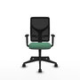 Silla de oficina Motilla con mecanismo Sincro tapizada con Tela color Verde esmeralda y malla color negra. Equipada con lumbar 1D, Brazos 1D y Ruedas 65mm nailon