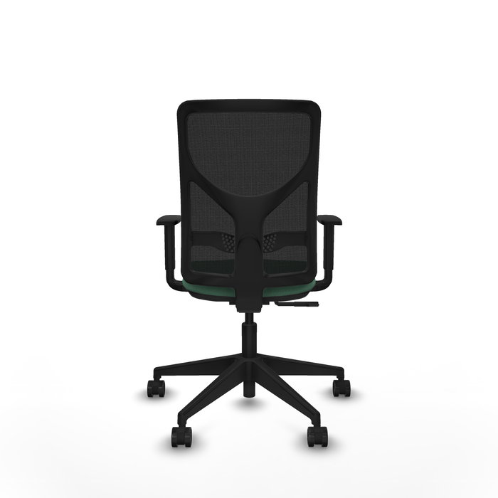 Silla de oficina Motilla con mecanismo Sincro tapizada con Tela color Verde esmeralda y malla color negra. Equipada con lumbar 1D, Brazos 1D y Ruedas 65mm nailon