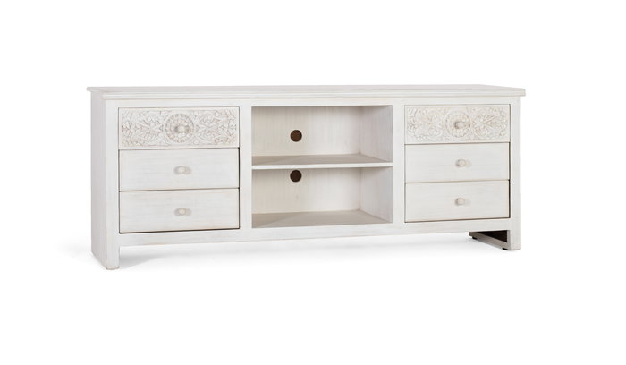 Giner y Colomer Mueble TV con 6 Cajones y 2 Huecos Abiertos en Madera de Mango Blanco