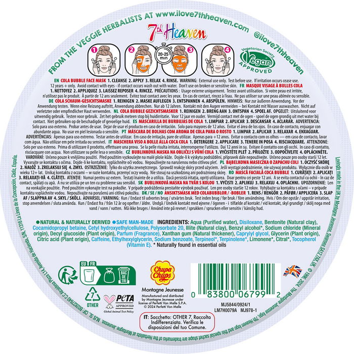 7TH HEAVEN Mascarilla Facial de Burbujas Bubble Cola de 8 ml para Piel Fresca y Radiante - Inspirada en Chupa Chups