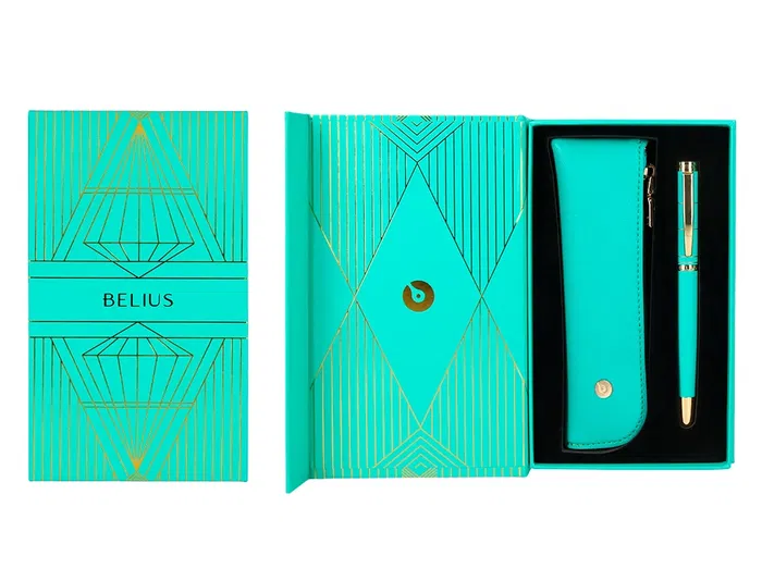 Belius Bolígrafo y Estuche Soiree Art Deco Turquesa y Dorado Tinta Azul Caja de Diseño