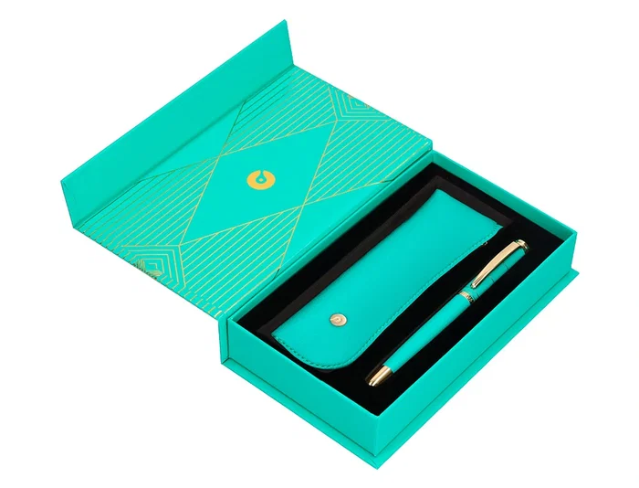 Belius Bolígrafo y Estuche Soiree Art Deco Turquesa y Dorado Tinta Azul Caja de Diseño