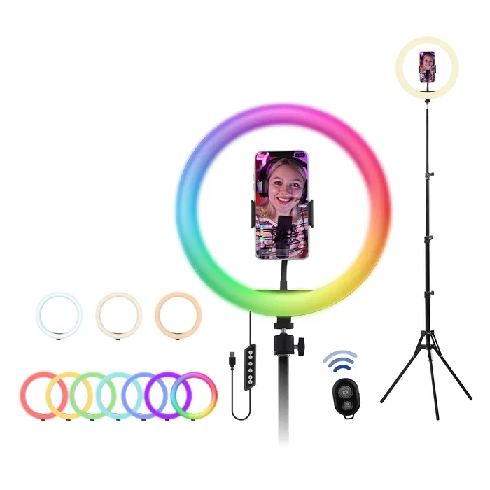 T'nb Influence - Anillo de luz LED 12" blanco y RGB + Trípode para estudio - Negro