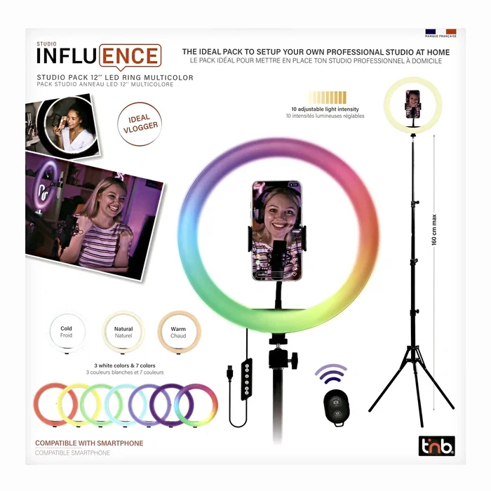 T'nb Influence - Anillo de luz LED 12" blanco y RGB + Trípode para estudio - Negro