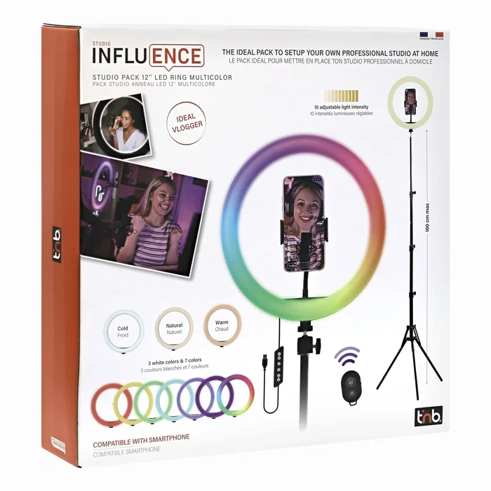 T'nb Influence - Anillo de luz LED 12" blanco y RGB + Trípode para estudio - Negro