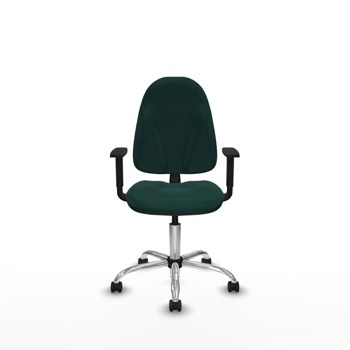 Silla de oficina Algarra con mecanismo Contacto permanente básico tapizada con Similpiel color Verde botella. Equipada con Base cromada, Brazos 1D y Ruedas de parqué