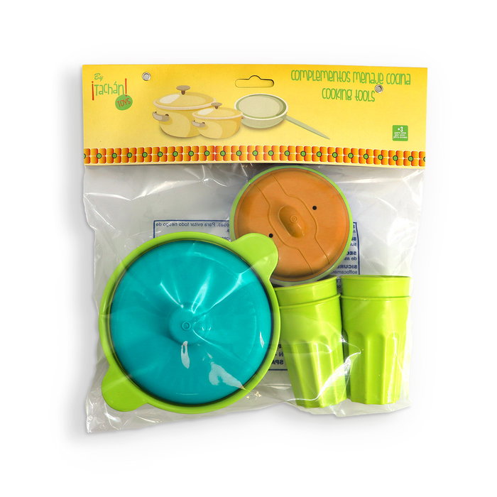 Tachan Accesorios de Cocina en Bolsa Set 6 Piezas con 4 Vasos y 2 Cacerolas para Juego de Imitación a Partir de 3 Años
