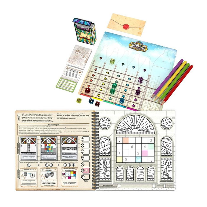 Devir Juego de Mesa Sagrada Artesanos - Juego Legado/Campaña en Español de Estrategia Abstracta para 2-4 Jugadores, 13+, ~55 Minutos, Selección de Dados y Construcción de Vitrales