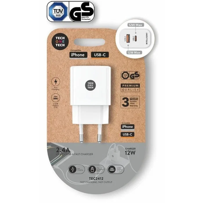 Tech One Tech Cargador de Pared TEC2412 con USB-C y USB-A de 12W, Blanco