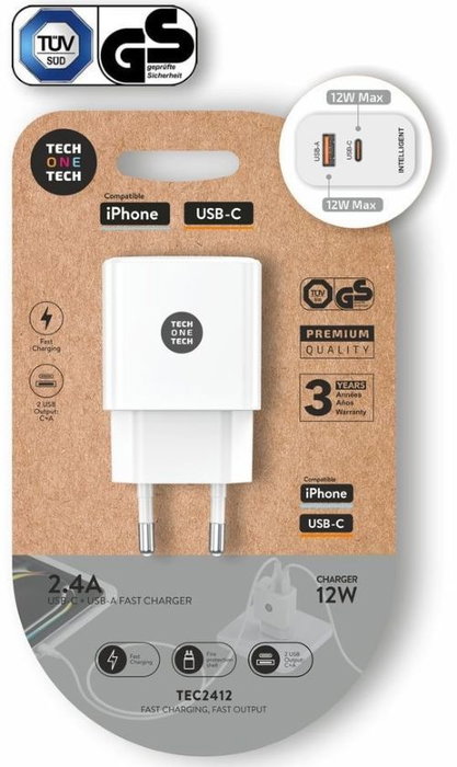 Tech One Tech TEC2412 Cargador de Pared Doble USB-C y USB-A 12W Blanco
