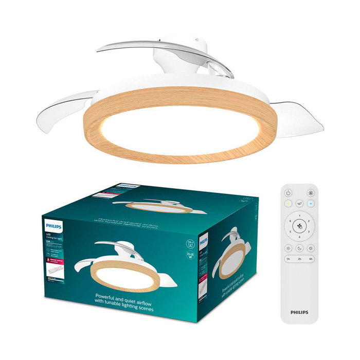 Philips Bliss Ventilador de techo con aspas retráctiles, LED 3 CCT, DC 28 W + 35 W, blanco/dorado, Ø 106 cm