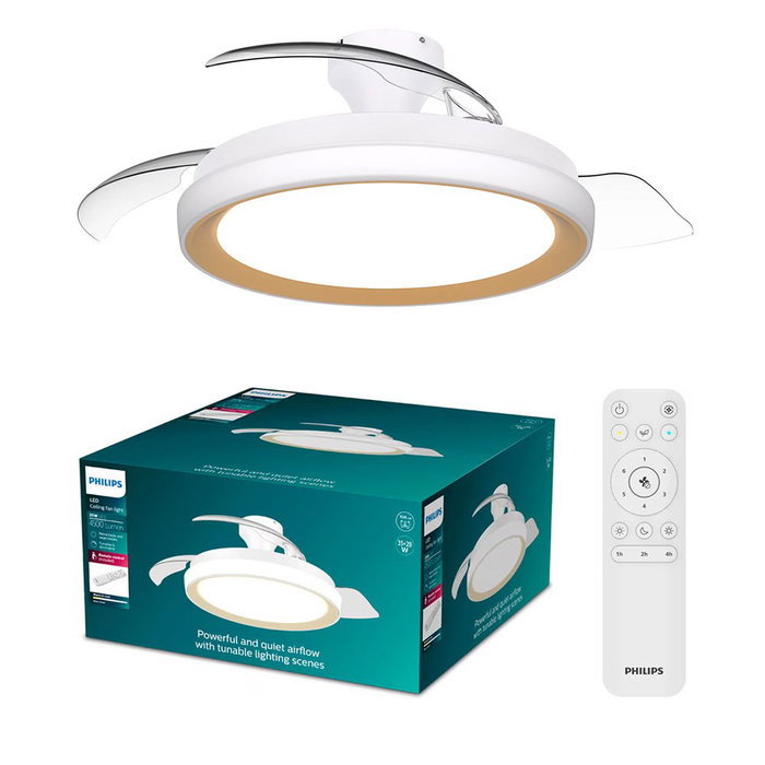 Philips Bliss Ventilador de Techo con Aspas Retráctiles y Luz LED 3 CCT (Blanco/Dorado, Ø106 cm) - Modelo Bliss, Luz Nocturna, Motor DC Silencioso, Mando a Distancia