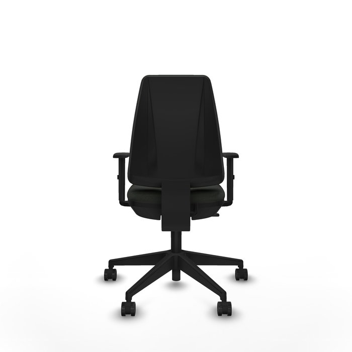 Silla de oficina Elche con mecanismo Contacto permanente básico tapizada con Tela color Negro. Equipada con Base piramidal negra, Brazos 1D y Ruedas 65mm nailon