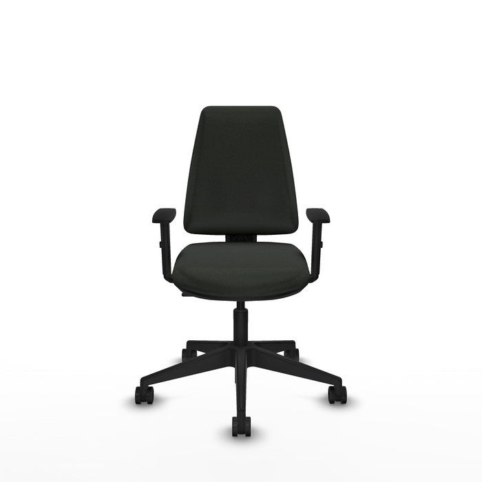 Silla de oficina Elche con mecanismo Contacto permanente básico tapizada con Tela color Negro. Equipada con Base piramidal negra, Brazos 1D y Ruedas 65mm nailon