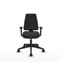Silla de oficina Elche con mecanismo Contacto permanente básico tapizada con Tela color Negro. Equipada con Base piramidal negra, Brazos 1D y Ruedas 65mm nailon