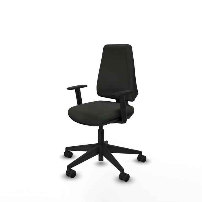 Silla de oficina Elche con mecanismo Contacto permanente básico tapizada con Tela color Negro. Equipada con Base piramidal negra, Brazos 1D y Ruedas 65mm nailon