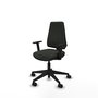 Silla de oficina Elche con mecanismo Contacto permanente básico tapizada con Tela color Negro. Equipada con Base piramidal negra, Brazos 1D y Ruedas 65mm nailon