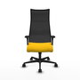 Sillón Albacete con mecanismo Sincro tapizada con Tela color Amarillo y malla color Negro. Equipado con Base nailon negra, Brazos 1D y Ruedas 65mm nailon